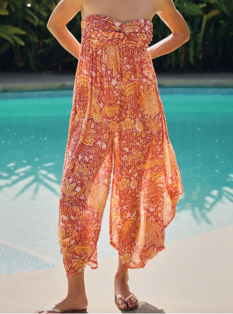 Anthropologie Harem Jumpsuit Womens Medium Orange Floral Strapless Boho Peasant